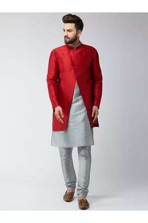 SOJANYA Men Maroon & Grey Self-Design Sherwani Set