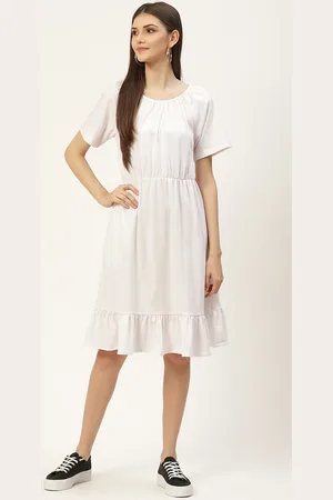 BRINN White Solid Pure Cotton Fit and Flare Midi Dress