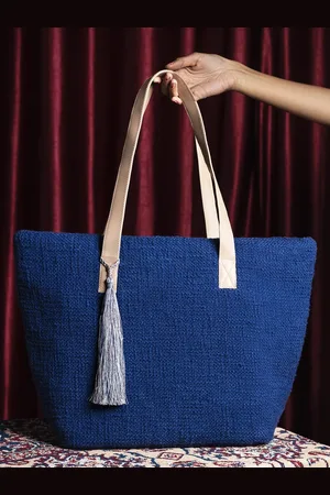 DEEBACO Navy Blue Structured Tote Bag with Tasselled