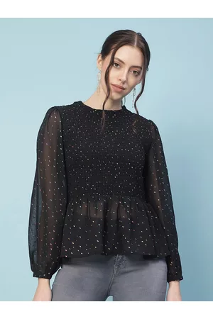 Oxolloxo Women Black Geometric Print Smocked Peplum Top