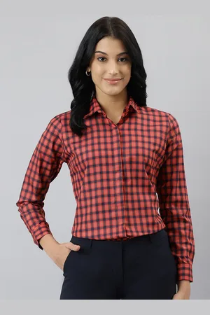 English Navy Women Red Relaxed Checked Formal Shirt
