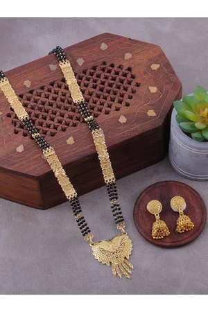 Brandsoon Gold-Plated & Black Beaded Mangalsutra With Earrings