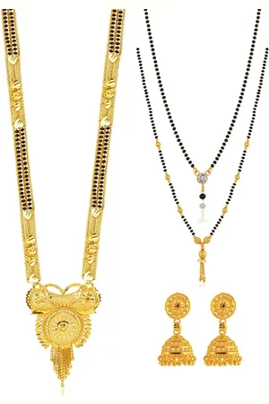 Brandsoon Gold-Plated & Black Brass Beaded 3 Managalsutra With Earrings