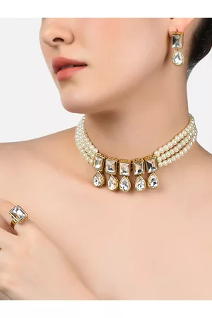 Zaveri Pearls Gold-Plated White Stone-Studded & Pearl-Beaded Jewellery Set