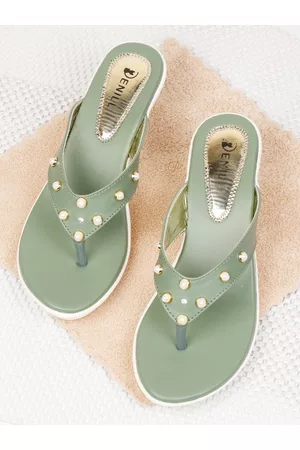 Denill Green Embellished Wedge Heel Sandals