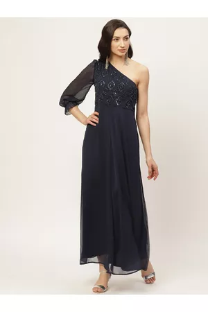 Antheaa Women Navy Blue Embellished One-Shoulder Maxi Dress