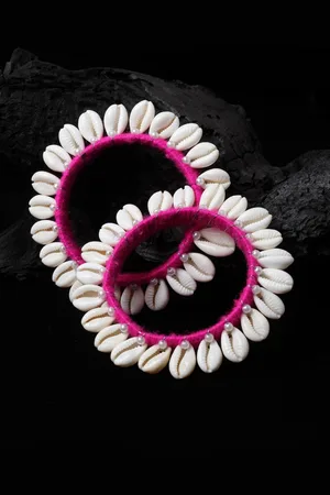 PANASH Set Of 2 Pink & Off-White Silk Thread Shell Handcrafted Bangles