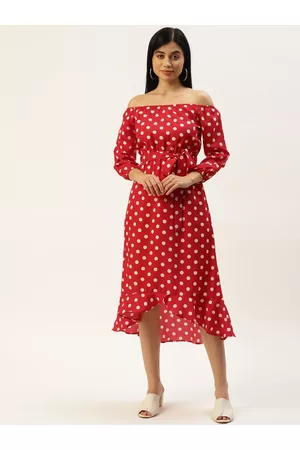 BRINN Red & White Off-Shoulder A-Line Midi Dress