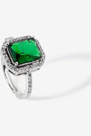 FableStreet Green 92.5 Sterling Silver Rhodium-Plated CZ Stone-Studded Ring