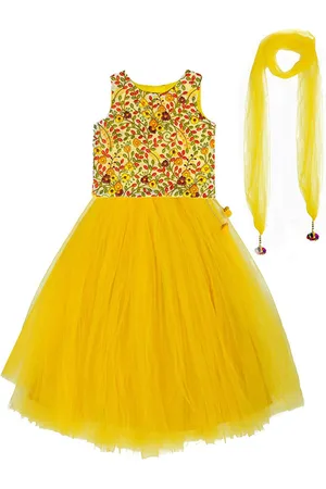 A.T.U.N. A T U N Girls Yellow & Red Embroidered Thread Work Ready to Wear Lehenga & Blouse With Dupatta
