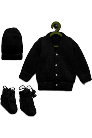 CHUTPUT Unisex Kids Black Wool Cable Knit Cardigan