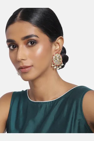 I Jewels Red Gold-Plated Kundan Studded Enamel Floral Drop Earrings