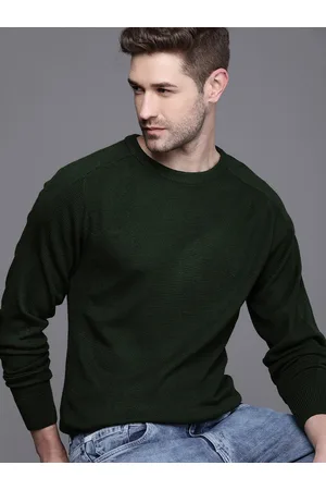 WROGN Men Olive Green Self Design Pullover Sweater