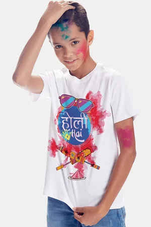 BONKIDS Boys White Holi Round Neck T-shirt
