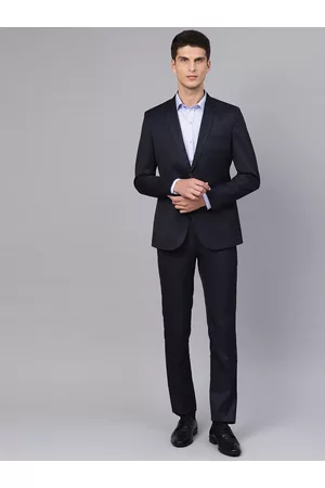 MANQ Men Navy Blue Solid Slim Fit Formal Suit