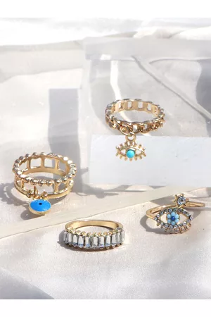 Joker & Witch Set Of 4 Gold-Plated Blue & White Stone-Studded Evil Eye Finger Rings