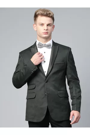 MANQ Men Green Twill Weave Slim Fit Solid Tuxedo Blazer With Pocket Square