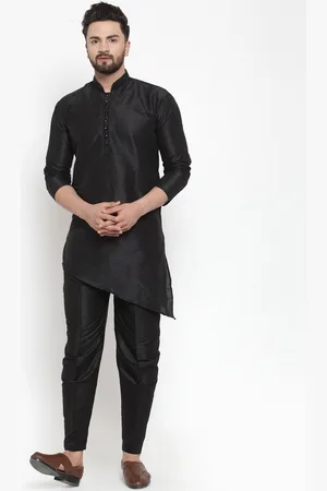 Kaifoo Men Black Angrakha Dupion Silk Kurta with Pyjamas