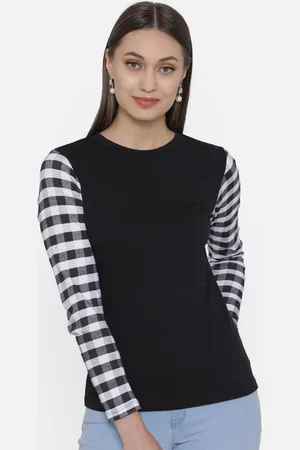 DOOR74 Women Black & White Round Neck Cotton T-shirt