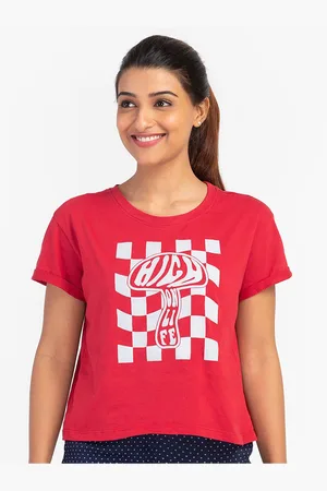 Globus Women Red & White Printed Cotton T-shirt