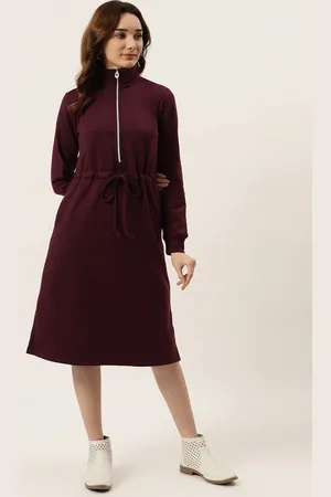BRINN Burgundy Fleece Sweatshirt Style Midi Dress