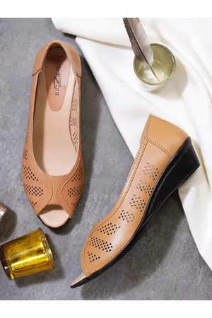 SHEZONE Women Beige Laser Cuts Heeled Casual Peep Toes