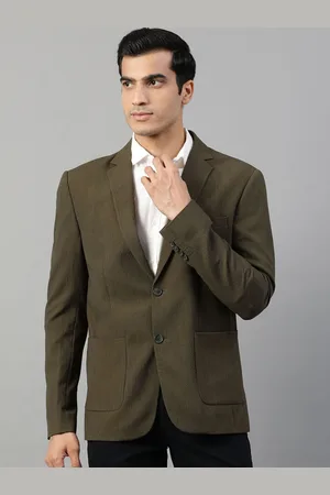 HARSAM Men Olive Self Design Regular-Fit Single-Breasted Formal Pure Cotton Blazer