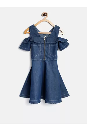 StyleStone Girls Navy Blue Solid Denim Fit & Flare Dress