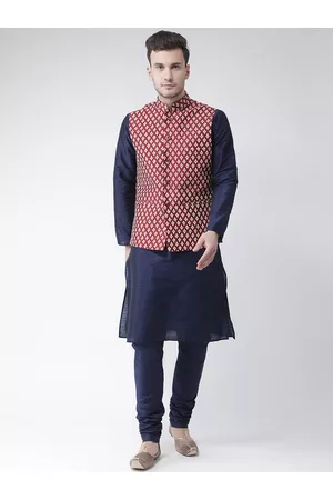 DEYANN Men Navy Blue & Maroon Solid Kurta with Pyjamas & Nehru Jacket