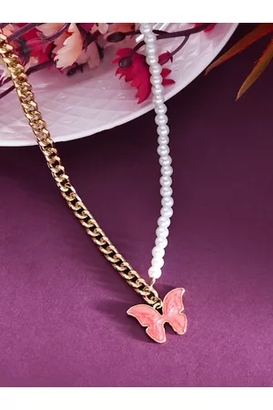 Yellow Chimes Woman Pearl Golden Chain Pendant with Butterfly Charm Necklace