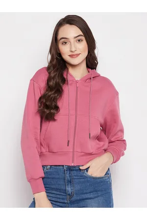 MADAME Women Pink Solid Hooded Sweatshirt