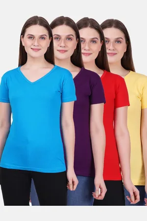 Fleximaa Women Yellow & Red 4 V-Neck T-shirt