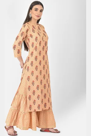 Pistaa Women Orange Ethnic Motifs Printed Pure Cotton Kurta With Sharara
