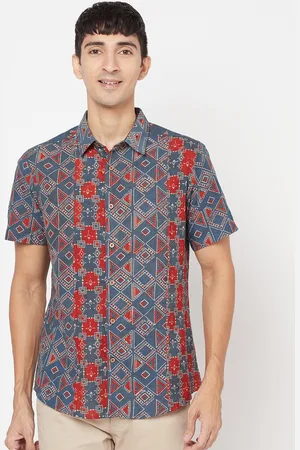 Fabindia Men Blue & Red Slim Fit Printed Cotton Casual Shirt