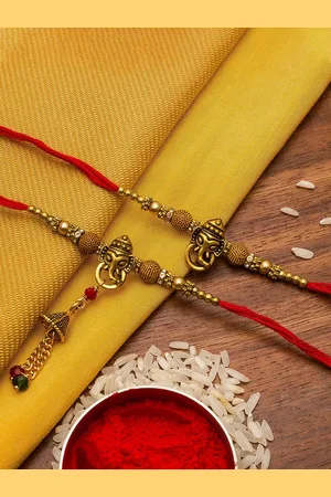 Aadita Set Of 2 Brown & Gold-Toned Stone-Studded Bhaiya Bhabhi Rakhi