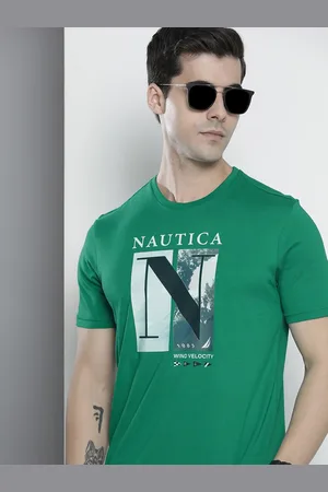 Nautica Men Green & White Brand Logo Printed Pure Cotton T-shirt