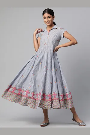 Rangriti Women Blue & Red Pure Cotton Ethnic A-Line Midi Dress