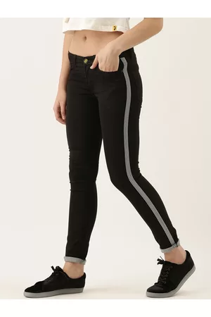 Campus Women Black Cotton Slim Fit Mid-Rise Clean Look Jeans with Side Stripe