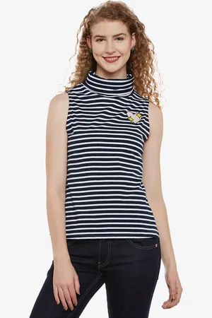 Miss Chase Women Navy Blue Striped Pure Cotton Top
