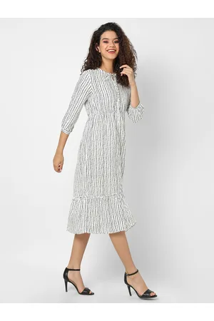 Campus Women Beige Polka Dot Printed Tie-Up Neck A-Line Dress