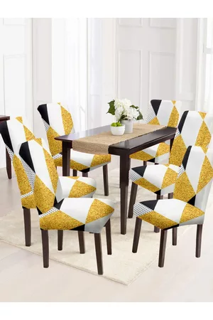 Cortina Set Of 6 Yellow & White Printed Removable Chair Slip Covers