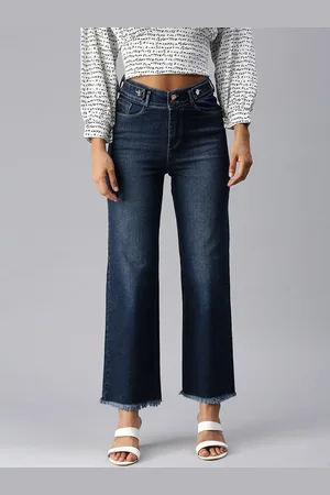 SHOWOFF Women Blue Wide Leg High-Rise Light Fade Cropped Stretchable Denim Jeans