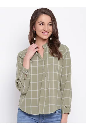 Mayra Women Olive Green Checked Shirt Style Top