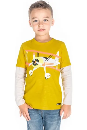 Cherry Crumble Boys Mustard Yellow Printed Round Neck T-shirt