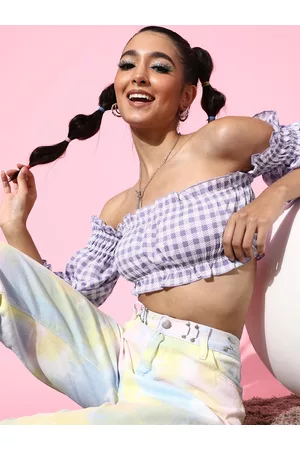 KASSUALLY Women Elegant Purple Checked Summer Gingham Top