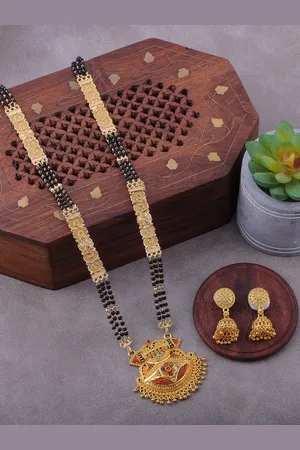 Brandsoon Black Gold-Plated Black Beaded Mangalsutra & Earring Set