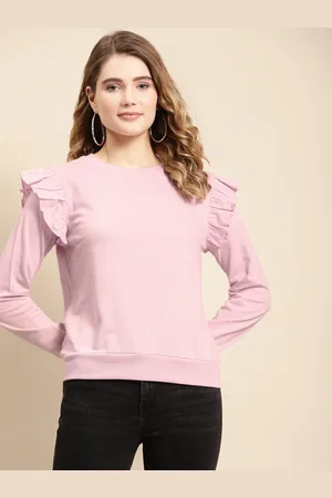 COVER STORY Women Pink Cotton Sweatshirt with Ruffles Detail