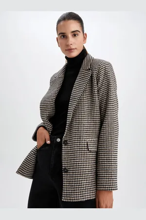 DeFacto Women Beige & Black Printed Single-Breasted Blazer