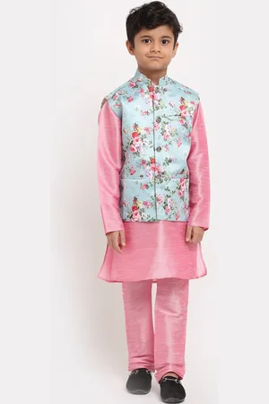Kraft Boys Pink Floral Printed Dupion Silk Kurta with Churidar & Nehru Jacket