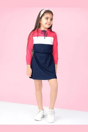 naughty ninos Girls Navy Blue & Pink Colourblocked Fit and Flare Dress